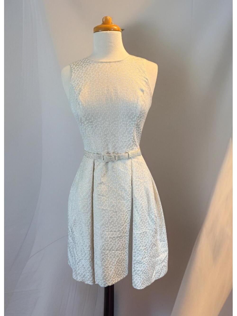 WHBM Womens 0 Ivory/Gold Sleeveless Jacquard Fit Flare Dress Old Money Heritage